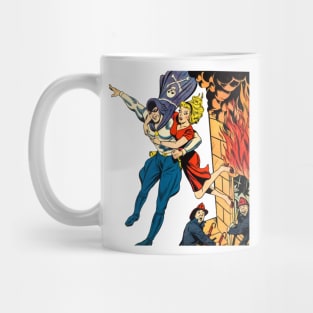 Masked Superhero Rescuing Beautiful Girl from Fire Building Firefighters Fire Retro Comic Vintage Mug